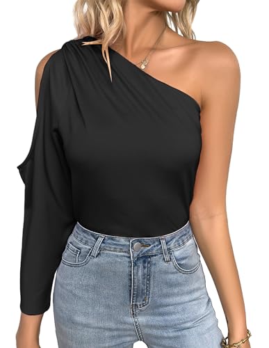 Kate Kasin Damen Lässiges Langarmshirt Elegantes One Shoulder Cutout Top Schwarz L von Kate Kasin