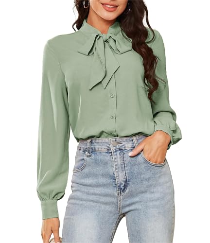 Kate Kasin Damen Langarm Bluse mit Stehkragen Festliche Blusen Trachten Oberteil Hellgrün L von Kate Kasin