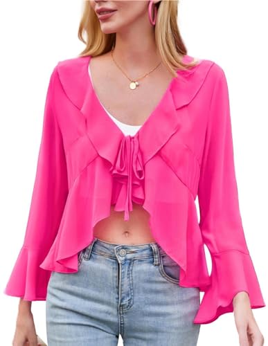 Kate Kasin Damen Langarm V-Ausschnitt Bolero Chiffon Front Neck Tie Ruffle Shrug Rose Rot XXL von Kate Kasin