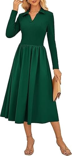 Kate Kasin Damen Langarm-V-Ausschnitt-Fließendes Kleid mit elastischem Bund Midi-Länge Casual A-Linien-Kleid Dunkelgrün M von Kate Kasin