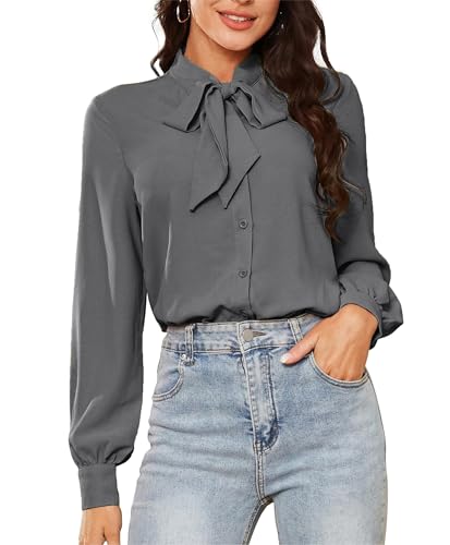 Kate Kasin Damen Lange Ärmel Tops Button-Down Shirts Business Office Bluse Grau XL von Kate Kasin
