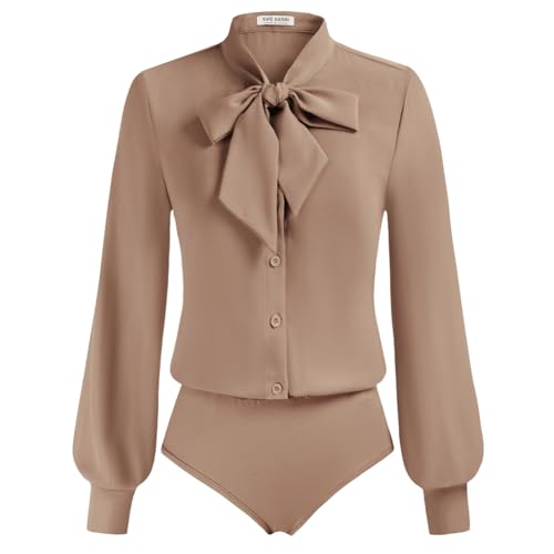 Kate Kasin Damen Lange Ärmel Tops Button-Down Shirts Business Office Bluse Kamelbraun XXL von Kate Kasin