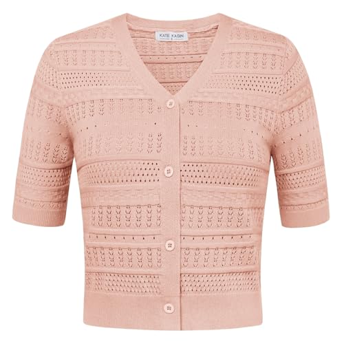 Kate Kasin Damen Leichter Cardigan mit V-Ausschnitt Leicht Gemütlich Strickjacke Hollowed-Out Strickjacke Casual Strickjacke Kurzarme Strickjacke Hellrosa XL KK0705S24-04 von Kate Kasin