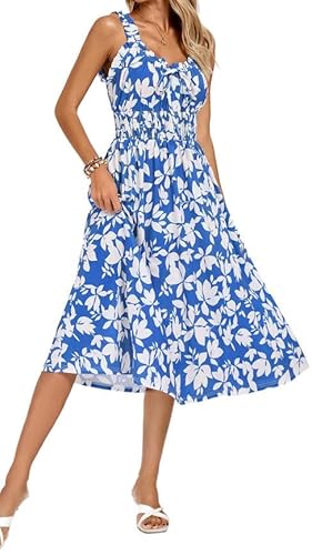 Kate Kasin Damen Midi Sommerkleid ärmellos U-Ausschnitt Blumendruck Elastische Taille A-Linie Legeres Sommerkleid Mittlere Wadenlänge Bequemer Stoff Blau Floral S von Kate Kasin