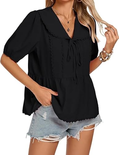 Kate Kasin Damen Peter Pan Kragen Bluse Casual 1/2 Ärmel V-Ausschnitt Pullover Top Elastische Manschetten Krawatte Vorne Schwarz S von Kate Kasin