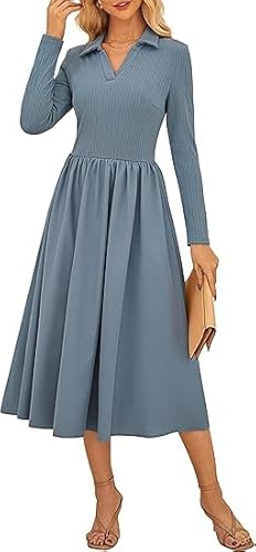 Kate Kasin Damen Polo-Kleid im Midi-Format langärmlig V-Ausschnitt Reverskragen elastischer Taillenbund A-Linien-Schnitt glaukosblau L von Kate Kasin