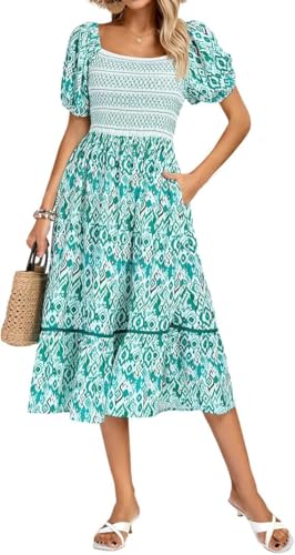 Kate Kasin Damen Quadratischer Ausschnitt Sommer Strand Midikleid Gesmoktes Mieder Kurze Puffärmel A-Linie Floral Sonnenkleid mit Taschen Grün Boho S von Kate Kasin