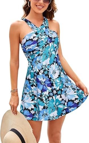 Kate Kasin Damen Retro Einteiliger Badeanzug Elegant Badeanzugkleid Tummy Control Tankinis Neckholder Badeanzug Swimsuit Mit Shorts Badeanzug Blau Blumen XXL von Kate Kasin