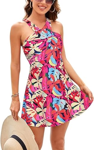 Kate Kasin Damen Retro Einteiliger Badeanzug Elegant Badeanzugkleid Tummy Control Tankinis Neckholder Badeanzug Swimsuit Mit Shorts Badeanzug Schwarze-Bunte Blumen M von Kate Kasin