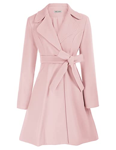 Kate Kasin Damen Retro Eleganter Wollmantel Mittellang Mit Taschen Und Gürtel Hell-Pink M von Kate Kasin