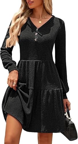 Kate Kasin Damen Rippenstrickkleid Langarm V-Ausschnitt Knopfleiste oberhalb der Knielänge A-Linie Kleid mit Taschen Schwarz L von Kate Kasin