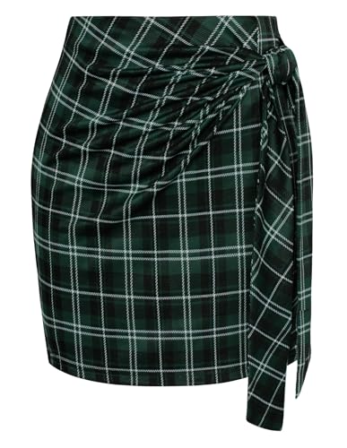 Kate Kasin Damen Rock Hohe Taille Elastische Wickelhalbrock Karo Kurze Röcke Minirock Freizeitrock Elegant Mini Short Skirt Grün Grid L von Kate Kasin