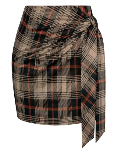 Kate Kasin Damen Rock Hohe Taille Elastische Wickelhalbrock Karo Kurze Röcke Minirock Freizeitrock Elegant Mini Short Skirt Khaki Grid L von Kate Kasin