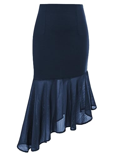 Kate Kasin Damen Rüschen Durchsichtiger Saum Stretchy Hohe Taille Bodycon Mini Rock Marineblau M von Kate Kasin