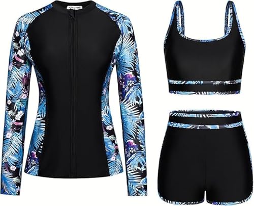 Kate Kasin Damen Schwimmanzug 3-Teilig Langarm Reißverschluss Jacke Gepolsterter Sport-BH Badehose Bademode Surfbekleidung Schwarzblaues Blatt XXL von Kate Kasin