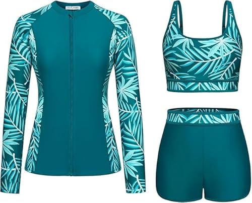 Kate Kasin Damen Schwimmanzug 3-teilig Langarm Jacke Gepolsterte Tops Slip Blumendruck Strand Blaugrün-grünes Blatt XXL von Kate Kasin