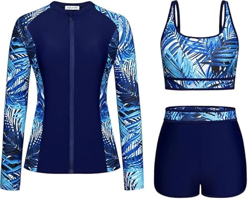 Kate Kasin Damen Schwimmanzug Langarm Jacke Gepolsterte Tops Slip Blumendruck Slim Fit Marineblau-blaues Blatt XL von Kate Kasin