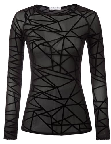 Kate Kasin Damen Sheer Rundhalsausschnitt Langarm Mesh-Blusentop Schwarz S von Kate Kasin