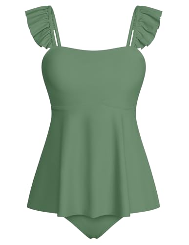 Kate Kasin Damen Sommer Bauchbedeckendes Tankini-Set Einfarbiger Rüschen 2-teiliger Badeanzug Grün M von Kate Kasin