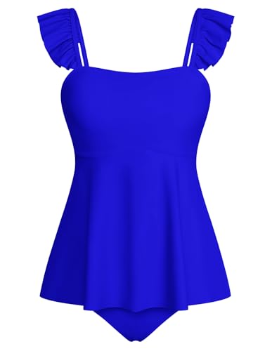 Kate Kasin Damen Sommer Bauchbedeckendes Tankini-Set Einfarbiger Rüschen 2-teiliger Badeanzug Königsblau M von Kate Kasin