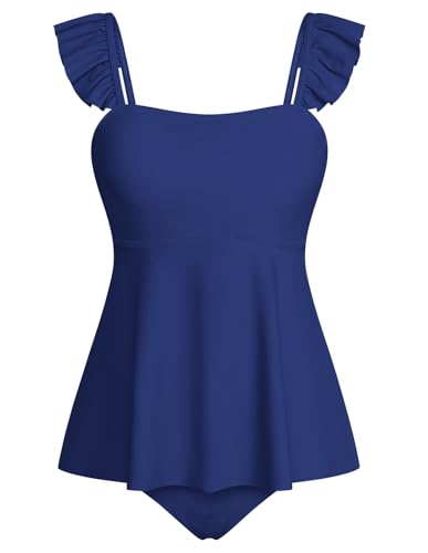 Kate Kasin Damen Sommer Bauchbedeckendes Tankini-Set Einfarbiger Rüschen 2-teiliger Badeanzug Marineblau L von Kate Kasin