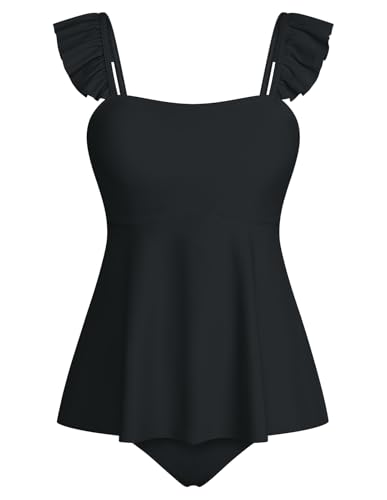 Kate Kasin Damen Sommer Bauchbedeckendes Tankini-Set Einfarbiger Rüschen 2-teiliger Badeanzug Schwarz M von Kate Kasin