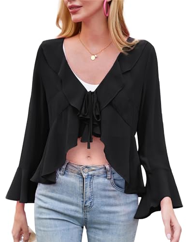 Kate Kasin Damen Chiffon Bolero Langärmelig V-Ausschnitt Bindekragen Rüschen Shrug Schwarz L von Kate Kasin