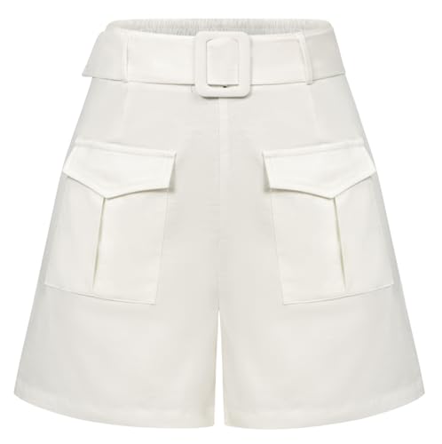 Kate Kasin Damen Sommer Hohe Taille Kurze Hose mit Taschen Lässige Shorts mit Gürtel Cremefarben L von Kate Kasin