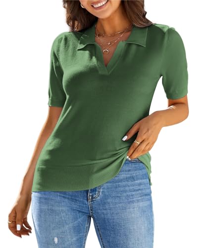 Kate Kasin Damen Sommer Wollpullover V-Ausschnitt Kurze Ärmel Stehkragen T-Shirt Tops Armeegrün M von Kate Kasin