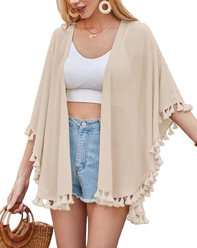 Kate Kasin Damen Sommerkleid Bikini Cover Up Strandponcho Casual Chiffon Kurzarm Cardigan Aprikose XL von Kate Kasin