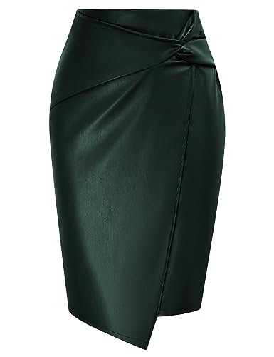 Kate Kasin Damen Stretch Bodycon Bleistiftröcke Kunstleder Mini-Röcke mit Schlitz Dunkelgrün M von Kate Kasin