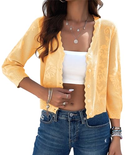Kate Kasin Damen Strickjacke Bolero Frühling Sommer Leichtes Cropped V-Ausschnitt Shrug Crochet Cardigans für Kleid Gelb L von Kate Kasin