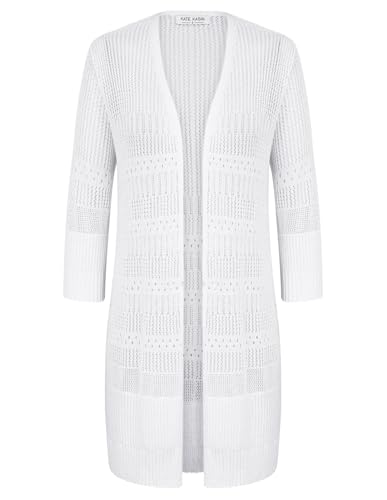 Kate Kasin Damen Strickjacke Offene Front 3/4 Ärmel Hollow Out Sommer Strand Cover Up Casual Strickwaren Weiß KK0675-01 XL von Kate Kasin