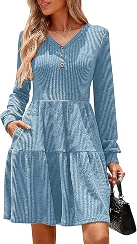 Kate Kasin Damen Strukturiertes Strick Babydoll Kleid V- V-Ausschnitt Langärmliges A-Linien Kleid mit Taschen Stahlblau S von Kate Kasin