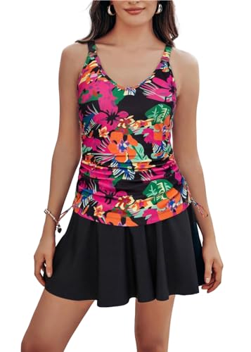 Kate Kasin Damen Tankini Badeanzüge Tummy Control Two Piece V Ausschnitt Ruched Badeanzüge mit Röcken Beach Swim Dress Heißes rosa Blume XL von Kate Kasin