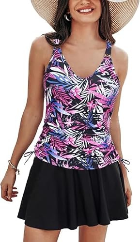 Kate Kasin Damen zweiteilig Badeanzug Tankini Set V-Ausschnitt Bademode mit Röcken Beach Swim Dress Lila Blatt Blume L von Kate Kasin