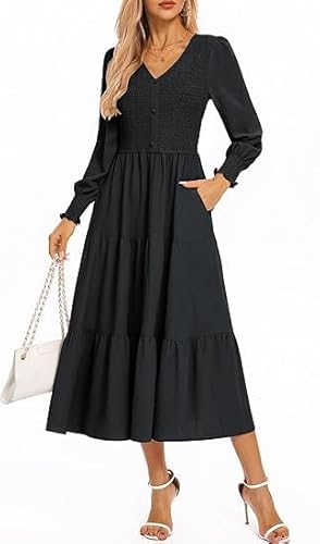 Kate Kasin Damen Tiered Maxi Dress Herbst Winter Langarm V-Ausschnitt Smocked Bodice Button Down A-Line Dress with Pockets Schwarz XXL von Kate Kasin