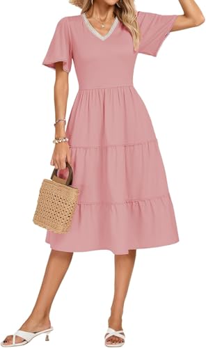 Kate Kasin Damen V-Ausschnitt Kurzarm Midikleid Stufenrock A-Linie Kontraststoff Lässig Elegant Party Cocktail Hochzeit Gastkleider Frühling Sommer Rosa XL von Kate Kasin