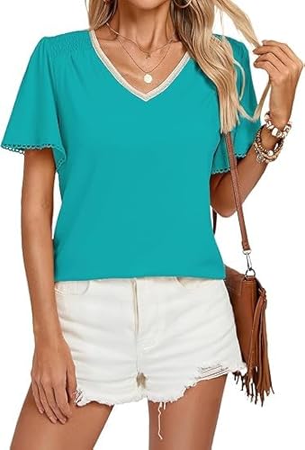 Kate Kasin Damen V-Ausschnitt T-Shirt Smocked Shoulder Kurzarm Tops Loose Fit Pullover Bluse Casual Soft Comfortable Daily Wear Tees Grün L von Kate Kasin