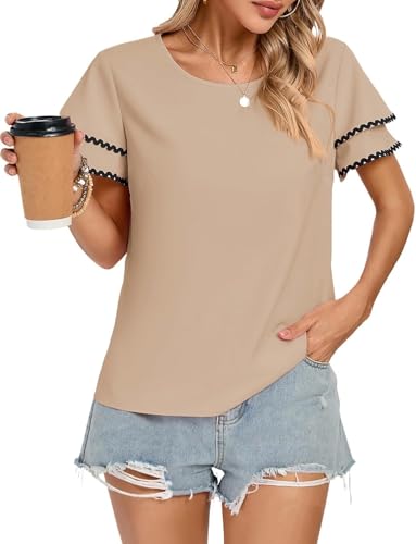 Kate Kasin Damen-Zweilagiges Rüschenärmelbluse, Rundhalsausschnitt, Freizeitoberteil, Schlüsselloch-Rücken, Locker sitzende, Sommer-T-Shirt, einfarbig, Braun, XXL Kate Kasin Damen-Zweilagiges Rüschenärmelbluse, Rundhalsausschnitt, Freizeitoberteil, Schlüsselloch-Rücken, Locker sitzende, Sommer-T-Shirt, einfarbig, Braun, XXL von Kate Kasin