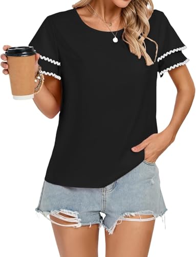 Kate Kasin Damen Zweilagiges Volant-Ärmel-Top Rundhals-Freizeitbluse Schlüsselloch-Rücken-Sommer-T-Shirt Lockere Passform Unifarben Schwarz S von Kate Kasin
