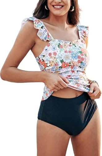 Kate Kasin Damen Zweiteilig Badeanzug High Waist Tankini mit Blumen Sommer Strandsurf Badeanzug Orange Blaue Blume XL von Kate Kasin