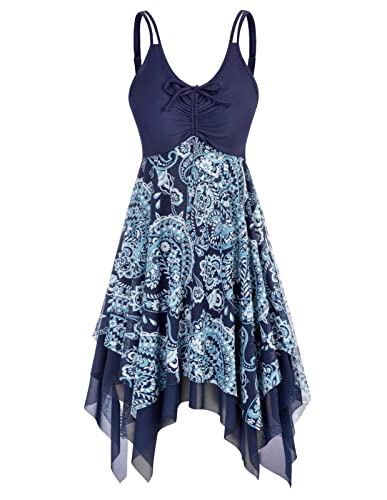 Kate Kasin Damen Bauchweg Tankini mit Hotpants Zweiteilig Badeanzug Tunica Vintage Chiffon Sling Kleid Elastische Blumen-blau L KK0576S23-01 von Kate Kasin