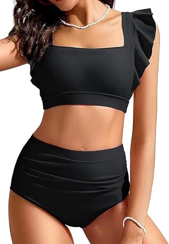 Kate Kasin Damen Zweiteiliges Bikini Set Quadratischer Ausschnitt Gepolstertes Oberteil Hohe Taille Gerüschtes Unterteil Bademode Bauchfrei Badeanzug Schwarz XXL von Kate Kasin