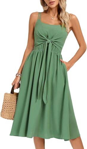 Kate Kasin Damen lässiges Boho-Midikleid, ärmellos, Doppelträger, quadratischer Ausschnitt, gesmoktes Mieder, elastischer Bund, A-Linien-Sommerkleid mit Taschen, Grün XXL von Kate Kasin