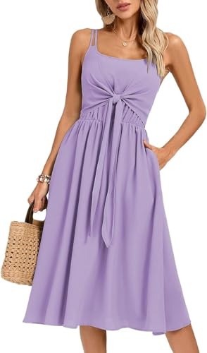 Kate Kasin Damen lässiges Boho-Midikleid, ärmellos, Doppelträger Sommerkleid in A-Linie mit quadratischem Ausschnitt, gesmoktem Mieder, elastischer Bund und Taschen, Lila, XL von Kate Kasin