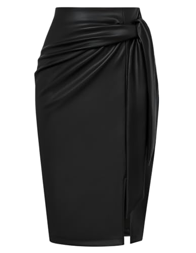 Kate Kasin Damenrock Elastische hohe Taille mit Schleife knielanger Stretch Bodycon Bleistiftröcke mit Schlitz Schwarz M von Kate Kasin