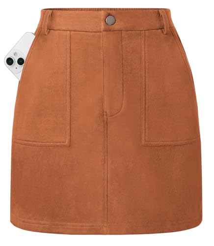 Kate Kasin Damenrock Hohe Taille Einfarbig Kurzer Midirock mit Taschen Knöpfen Braun M von Kate Kasin