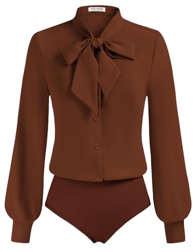 Kate Kasin Einteiliges Hemd Frauen Knöpfen Langen Ärmeln Büro Arbeitshemd Lässiges Oberteil mit Fliege Braun L von Kate Kasin