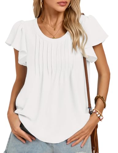 Kate Kasin Elegantes Damen Top U-Ausschnitt plissiertem Lässiges Bluse Design Sommer Weiß M von Kate Kasin